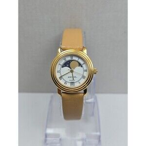 Vintage Womens Axcess Moon Phase Date Gold Tone Quartz Watch Dainty New Battery
